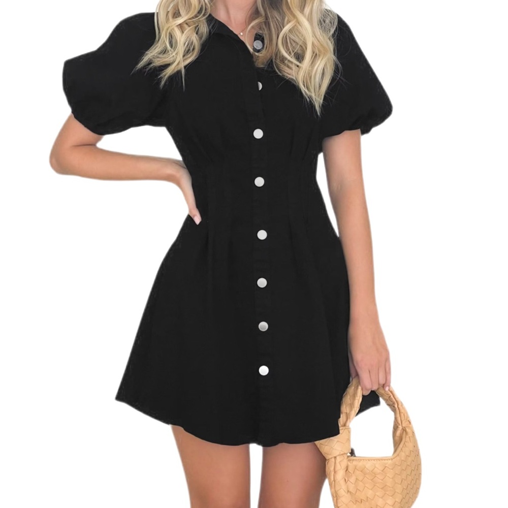 NWOT KDF Puff Sleeve Black Denim‎ Mini Dress - Size Small